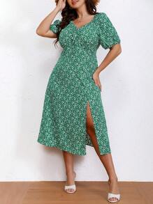 SHEIN LUNE 大碼碎花前打結高衩連衣裙 - 綠色 - 查看 5