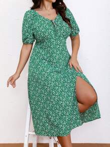 SHEIN LUNE 大碼碎花前打結高衩連衣裙 - 綠色 - 查看 6