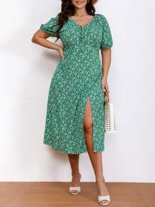 SHEIN LUNE 大碼碎花前打結高衩連衣裙 - 綠色 - 查看 7