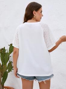 SHEIN Essnce Plus Contrast Lace Raglan Sleeve Top - White - View 3