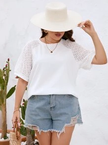 SHEIN Essnce Plus Contrast Lace Raglan Sleeve Top - White - View 4