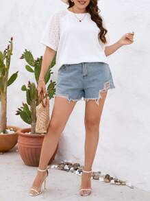 SHEIN Essnce Plus Contrast Lace Raglan Sleeve Top - White - View 5