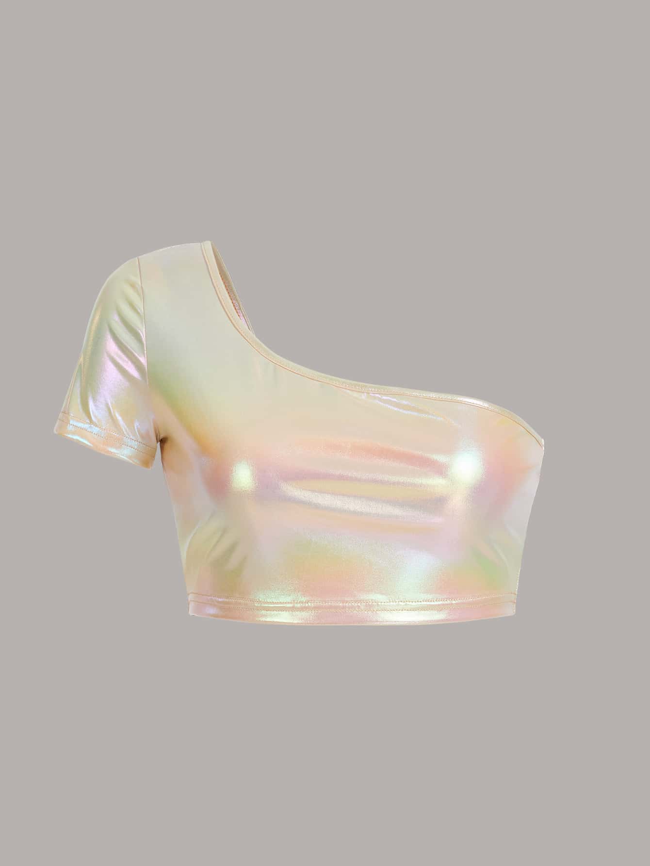 SHEIN ICON 狂歡金屬質感單肩短款金屬質感上衣 - 白色 - 查看 1