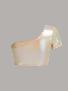 SHEIN ICON 狂歡金屬質感單肩短款金屬質感上衣 - 白色 - 查看 2