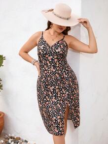 SHEIN VCAY Vestido de tirantes con estampado floral de muslo con abertura - Multicolor - Ver 1
