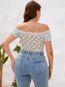 SHEIN Privé Áo liền quần chặt Kích thước lớn Tương phản ren viền lá sen Thắt nơ trước Họa tiết hoa Boho - trắng - Xem 2