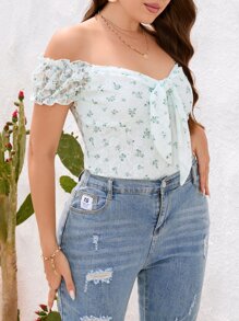 SHEIN Privé Áo liền quần chặt Kích thước lớn Tương phản ren viền lá sen Thắt nơ trước Họa tiết hoa Boho - trắng - Xem 3