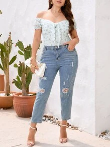 SHEIN Privé Áo liền quần chặt Kích thước lớn Tương phản ren viền lá sen Thắt nơ trước Họa tiết hoa Boho - trắng - Xem 4