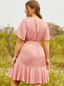 S BETRO 大碼蝴蝶袖荷葉邊圍裹繫腰帶連衣裙 - 粉色 - 查看 2