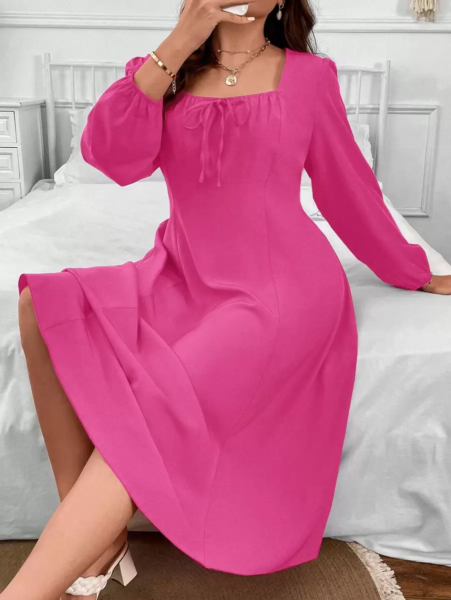 SHEIN Clasi 大碼方領前打結燈籠袖連衣裙 - 粉色 - 查看 1