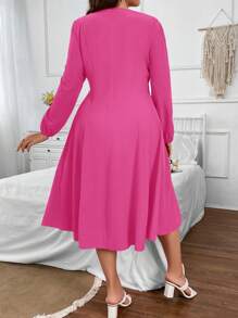 SHEIN Clasi 大碼方領前打結燈籠袖連衣裙 - 粉色 - 查看 2