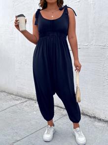 SHEIN LUNE Plus Tie Shoulder Cami Jumpsuit - Navy Blue - View 1