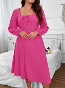 SHEIN Clasi 大碼方領前打結燈籠袖連衣裙 - 粉色 - 查看 3