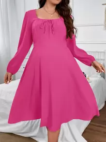 SHEIN Clasi 大碼方領前打結燈籠袖連衣裙 - 粉色 - 查看 4