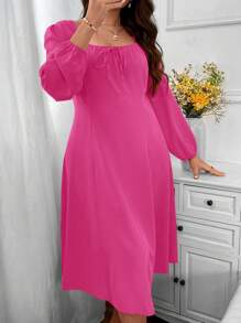 SHEIN Clasi 大碼方領前打結燈籠袖連衣裙 - 粉色 - 查看 5