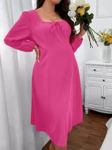 SHEIN Clasi 大碼方領前打結燈籠袖連衣裙 - 粉色 - 查看 6