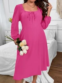 SHEIN Clasi 大碼方領前打結燈籠袖連衣裙 - 粉色 - 查看 7