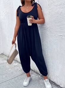 SHEIN LUNE Plus Tie Shoulder Cami Jumpsuit - Navy Blue - View 4