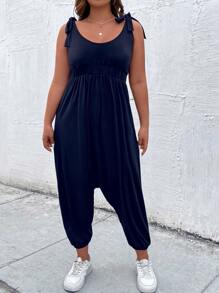 SHEIN LUNE Plus Tie Shoulder Cami Jumpsuit - Navy Blue - View 5