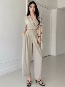 DAZY Solid Crop Blazer & Slant Pocket Suit Trousers - Apricot - View 1