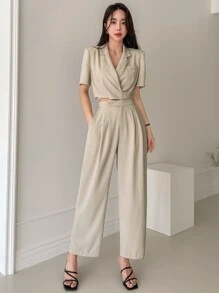 DAZY Solid Crop Blazer & Slant Pocket Suit Trousers - Apricot - View 3