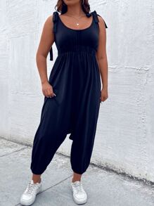 SHEIN LUNE Plus Tie Shoulder Cami Jumpsuit - Navy Blue - View 8