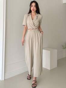 DAZY Solid Crop Blazer & Slant Pocket Suit Trousers - Apricot - View 4