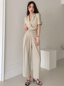 DAZY Solid Crop Blazer & Slant Pocket Suit Trousers - Apricot - View 5