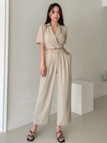 DAZY Solid Crop Blazer & Slant Pocket Suit Trousers - Apricot - View 6