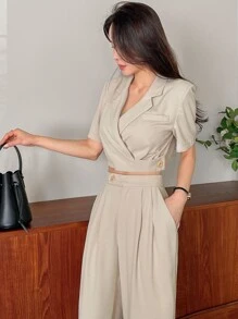 DAZY Solid Crop Blazer & Slant Pocket Suit Trousers - Apricot - View 7