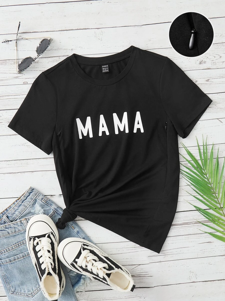 SHEIN Maternity 1pc Letter Graphic Zipper Side Tee - Black - View 1