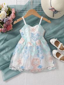 Baby Floral Embroidery Mesh Overlay Cami Dress - White - View 1