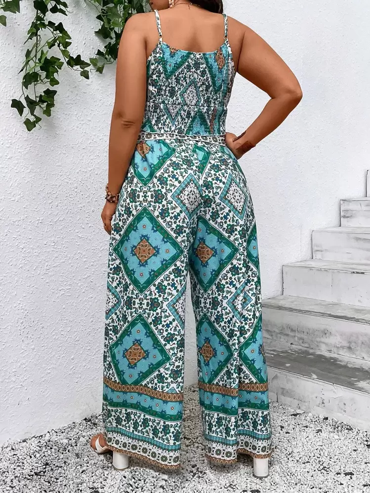 SHEIN VCAY Plus Scarf Print Cami Top & Belted Wide Leg Pants - Multicolor - View 2