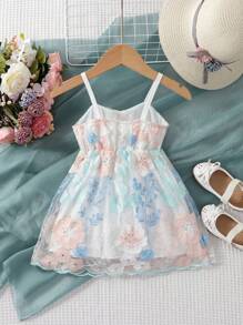 Baby Floral Embroidery Mesh Overlay Cami Dress - White - View 2