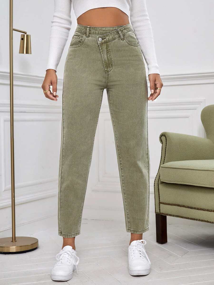 SHEIN Frenchy Quần jean Mom Fit Kiểu thềm Eo - Màu xanh chanh - Xem 1