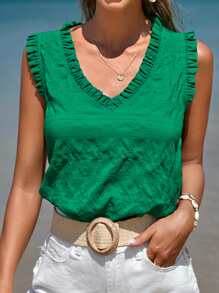 SHEIN Frenchy Solid Frill Trim Sleeveless Blouse Summer Green Green Casual Christmas - Green - View 4