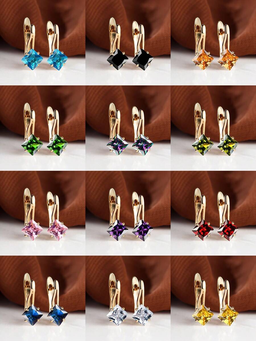 Bông tai trang trí hình vuông Cubic Zirconia - Màu xanh nhạt - Xem 1