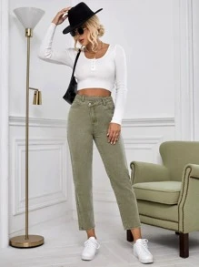 SHEIN Frenchy Stepped Waist Mom Fit Jeans - Lime Green - View 3