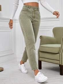 SHEIN Frenchy Stepped Waist Mom Fit Jeans - Lime Green - View 5