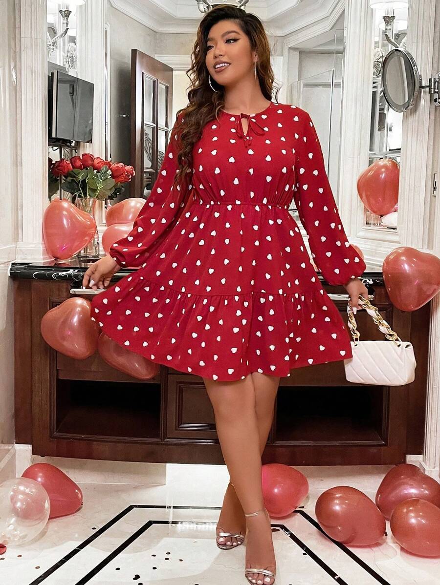 SHEIN Clasi Plus Heart Print Tie Neck Lantern Sleeve Ruffle Hem Dress - Red and White - View 1