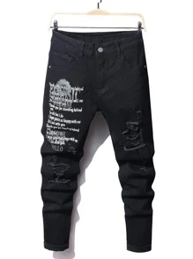 Men Slogan Graphic Ripped Frayed Skinny Jeans - Black - View 1