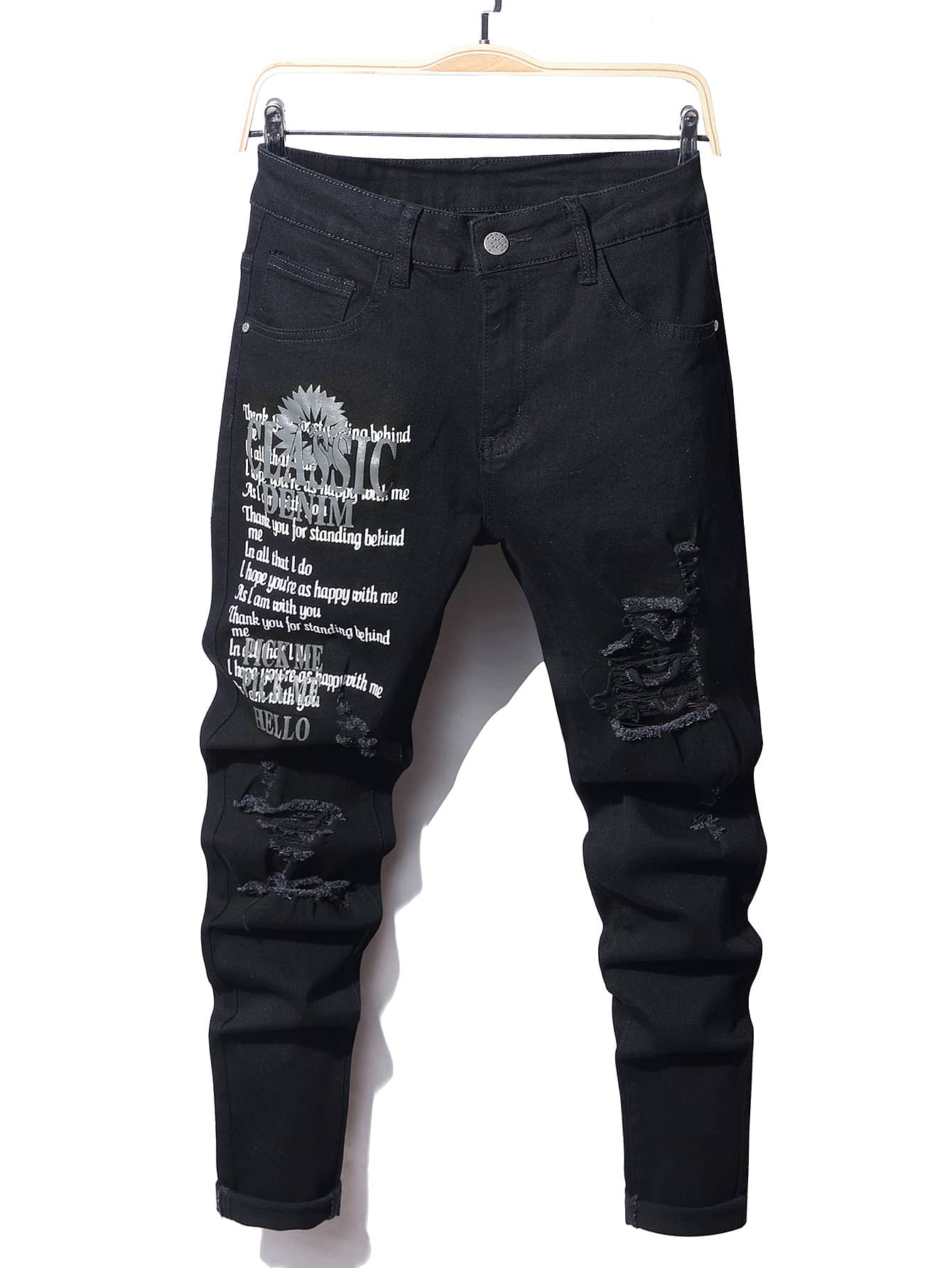 Men Slogan Graphic Ripped Frayed Skinny Jeans - Black - View 1