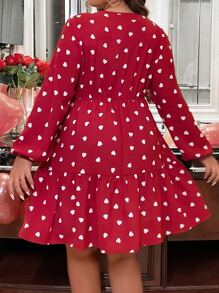 SHEIN Clasi Plus Heart Print Tie Neck Lantern Sleeve Ruffle Hem Dress - Red and White - View 2