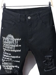 Men Slogan Graphic Ripped Frayed Skinny Jeans - Black - View 3