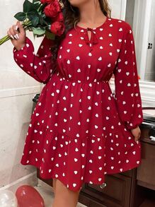 SHEIN Clasi Plus Heart Print Tie Neck Lantern Sleeve Ruffle Hem Dress - Red and White - View 3