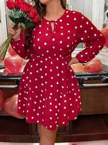 SHEIN Clasi Plus Heart Print Tie Neck Lantern Sleeve Ruffle Hem Dress - Red and White - View 4