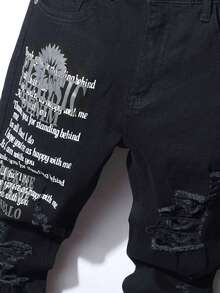 Men Slogan Graphic Ripped Frayed Skinny Jeans - Black - View 4