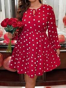 SHEIN Clasi Plus Heart Print Tie Neck Lantern Sleeve Ruffle Hem Dress - Red and White - View 5