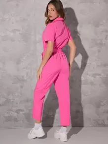 Hauture Casual Solid Color Zip Front Belted Jumpsuit - Pink - View 2