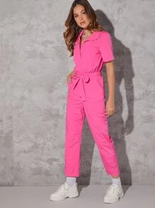 Hauture Casual Solid Color Zip Front Belted Jumpsuit - Pink - View 4